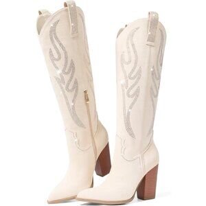 Celbreez Pink  Suede Knee High Western Fusion Boots Women Embroidered Rhinestone
